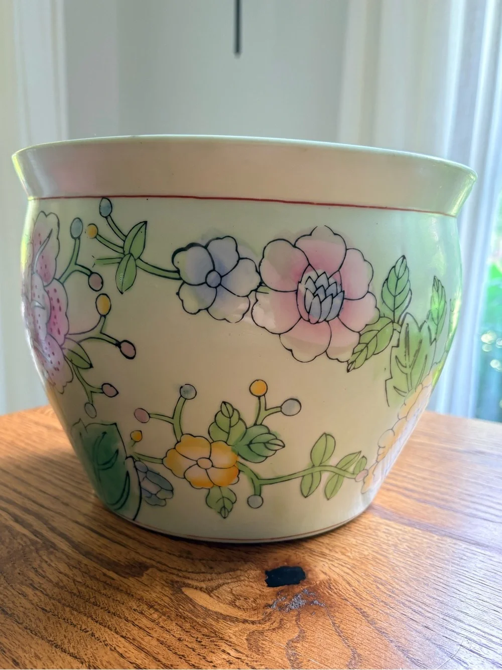 Grandmillenial Chinoiserie Floral Ceramic Planter - Pink & Green Peony Design